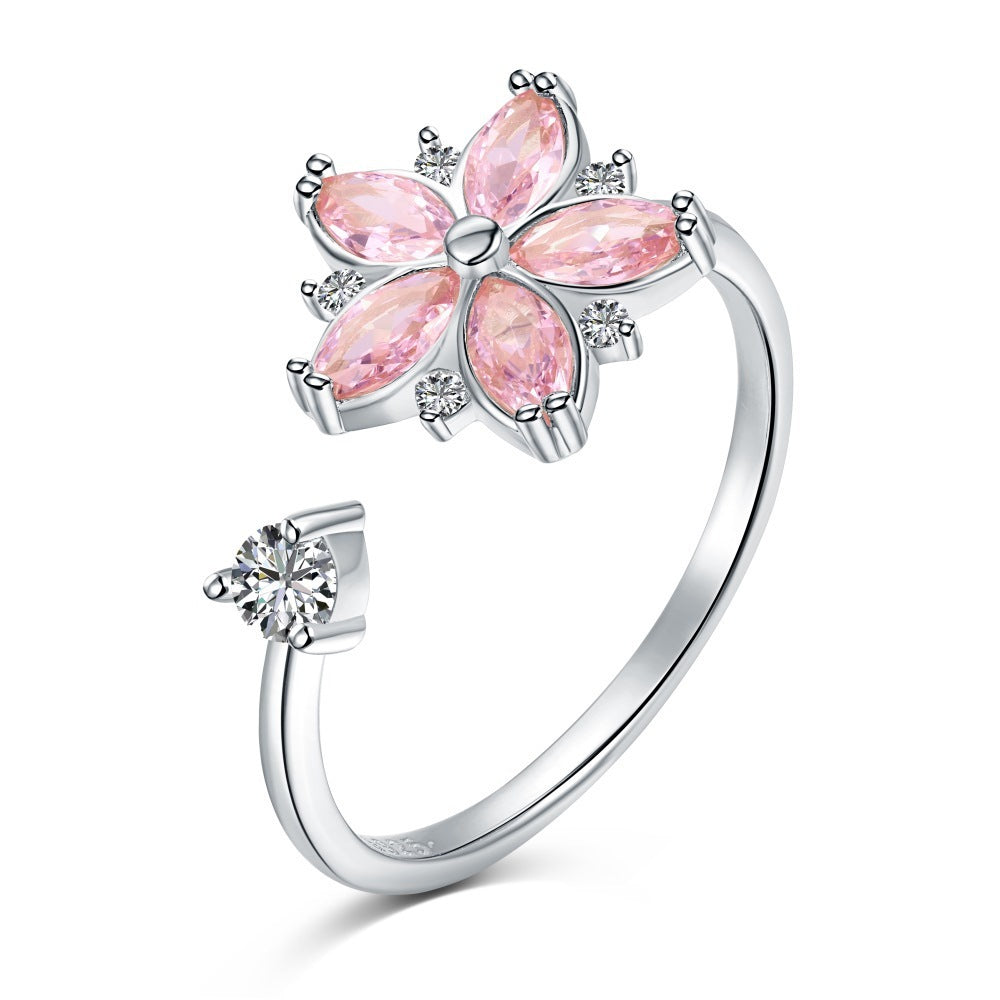 Sterling Silver Rotatable Flower Diamond Decompression Ring