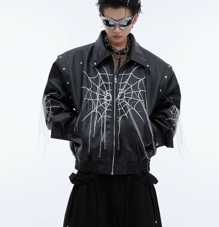 Men's Niche Spider Web Tassel Motorcycle Leather Coat | Unique Biker Jacket